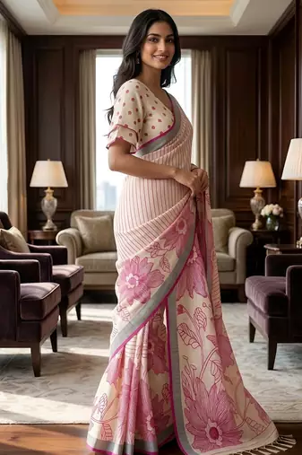 Pink color linen fabric designer partywear saree