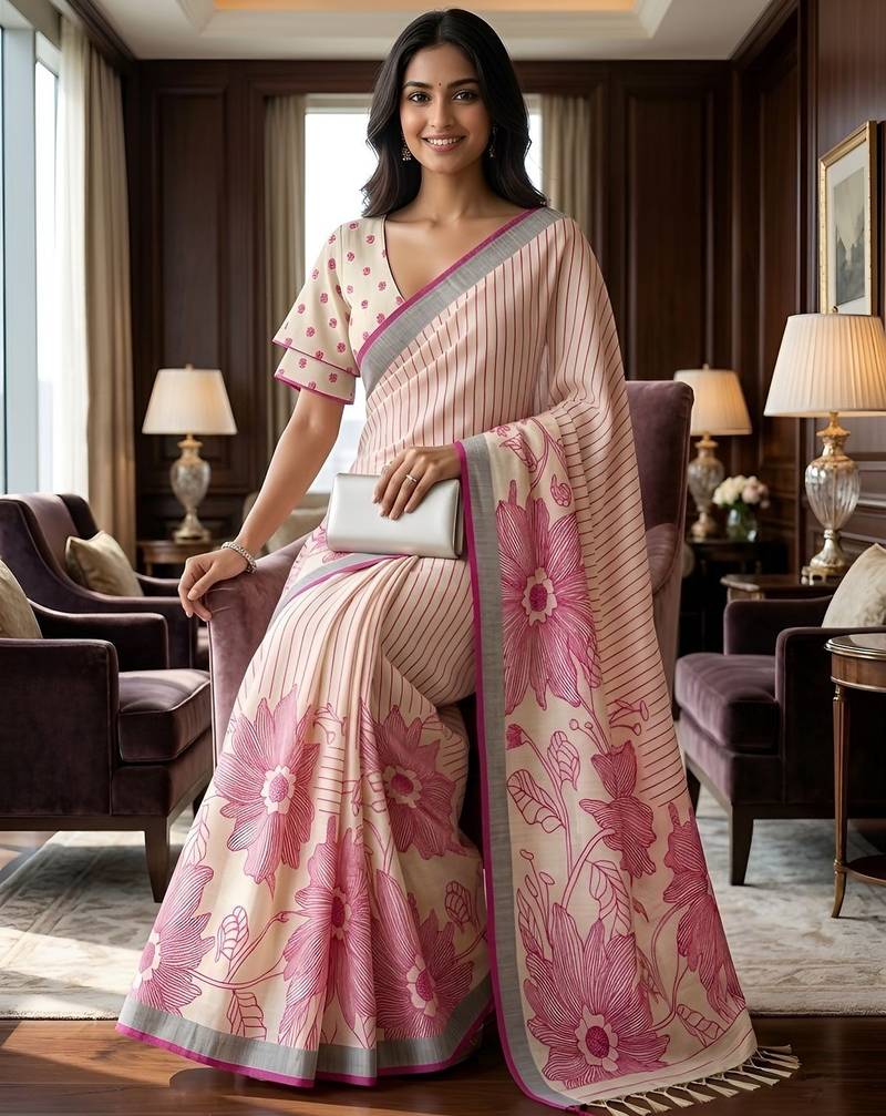 Pink color linen fabric designer partywear saree