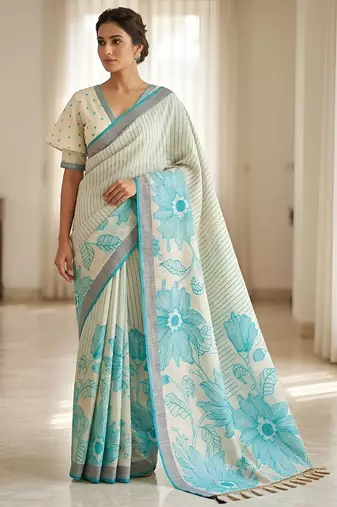 Rama color linen fabric designer partywear saree