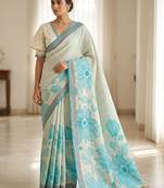 Rama color linen fabric designer partywear saree