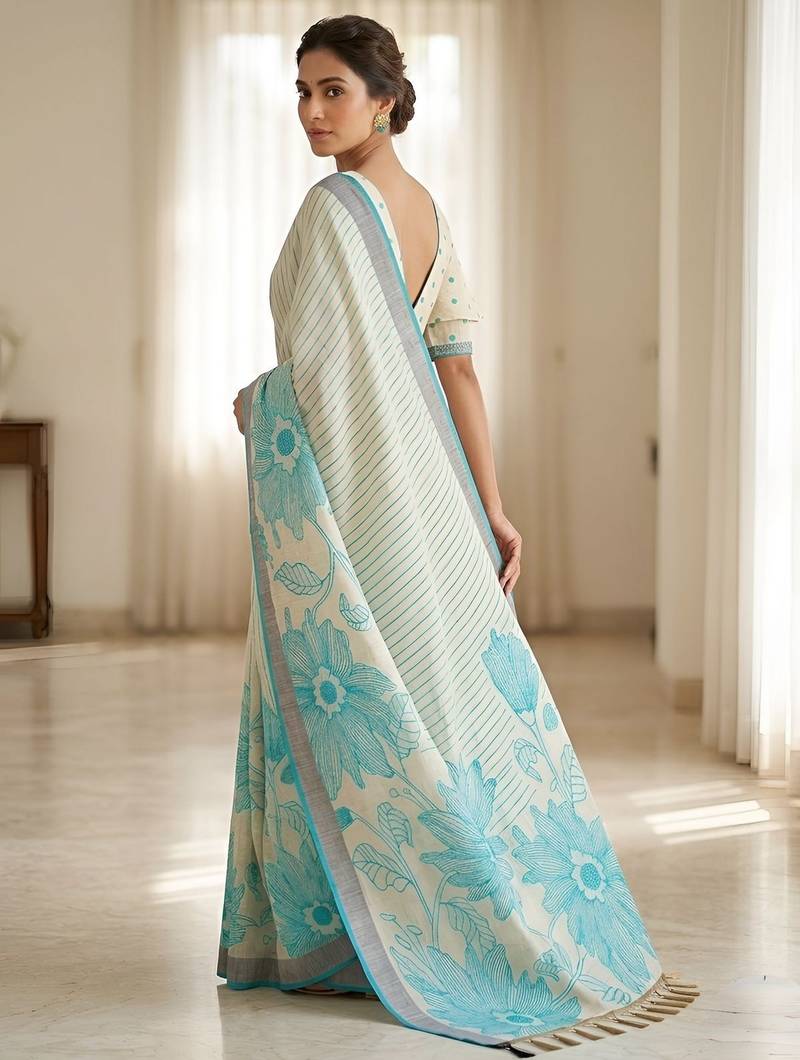 Rama color linen fabric designer partywear saree