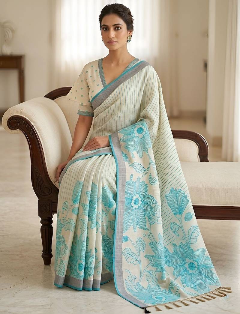 Rama color linen fabric designer partywear saree