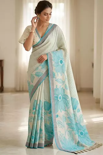 Rama color linen fabric designer partywear saree