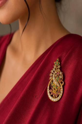 Gold-Plated Peacock Brooch, Indian Temple Jewelry, Kemp Stone Saree Pin,