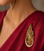 Gold-Plated Peacock Brooch, Indian Temple Jewelry, Kemp Stone Saree Pin,