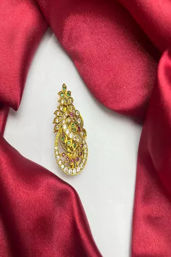 Gold-Plated Peacock Brooch, Indian Temple Jewelry, Kemp Stone Saree Pin,