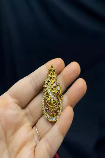 Gold-Plated Peacock Brooch, Indian Temple Jewelry, Kemp Stone Saree Pin,