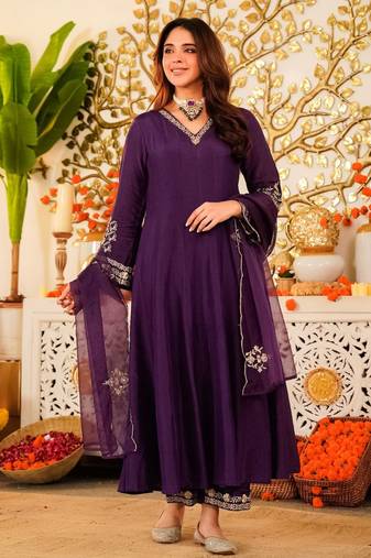 Coffee color smart sophisticated georgette fabric rich embroidered suit