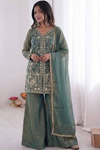 Green color jam cotton fabric beautiful festive wear girlie suit