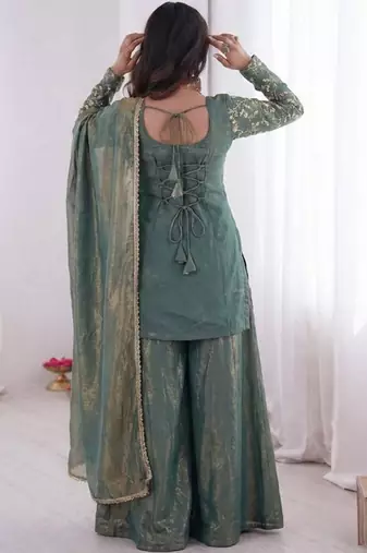 Green color jam cotton fabric beautiful festive wear girlie suit