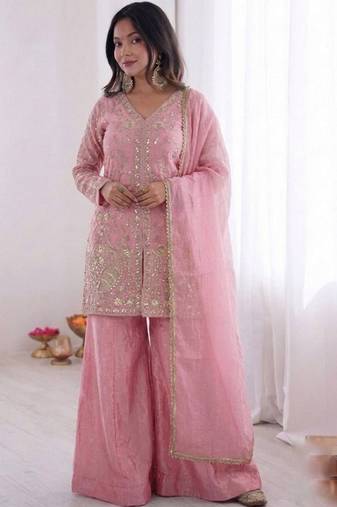 Pink color jam cotton fabric beautiful festive wear girlie suit
