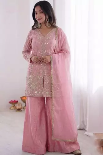 Pink color jam cotton fabric beautiful festive wear girlie suit