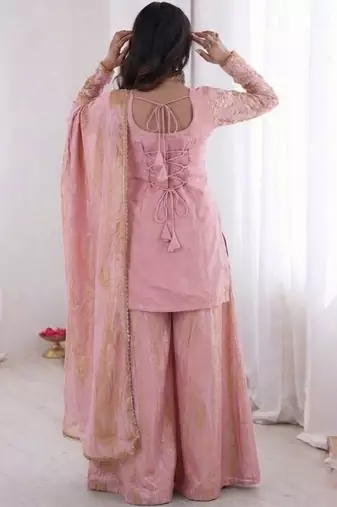 Pink color jam cotton fabric beautiful festive wear girlie suit