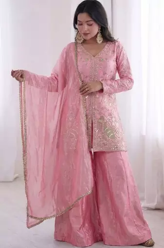 Pink color jam cotton fabric beautiful festive wear girlie suit