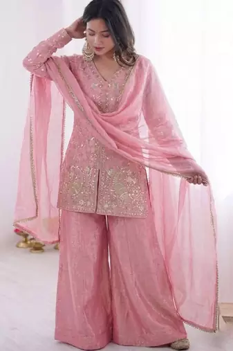 Pink color jam cotton fabric beautiful festive wear girlie suit