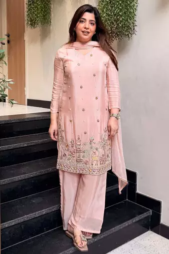 Sea green color lichi silk fabric jacquard designer partywear salwar kameez