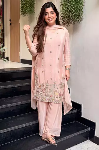 Sea green color lichi silk fabric jacquard designer partywear salwar kameez