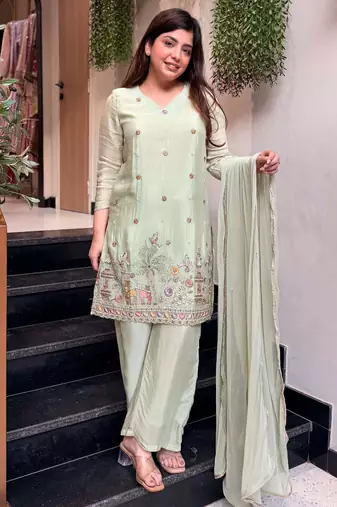 Yellow color lichi silk fabric jacquard designer partywear salwar kameez