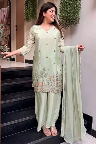 Yellow color lichi silk fabric jacquard designer partywear salwar kameez