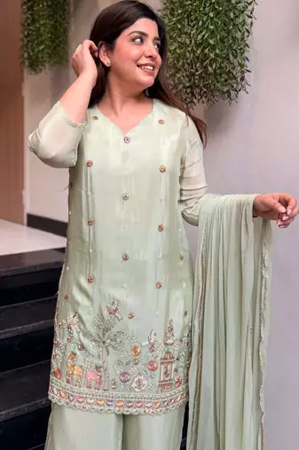 Yellow color lichi silk fabric jacquard designer partywear salwar kameez