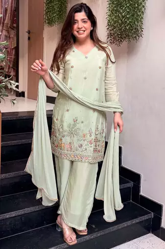 Yellow color lichi silk fabric jacquard designer partywear salwar kameez