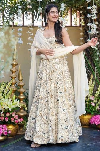 Off white color lichi silk fabric jacquard designer partywear salwar kameez