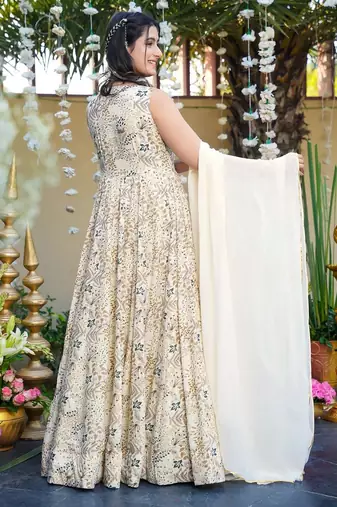 Off white color lichi silk fabric jacquard designer partywear salwar kameez