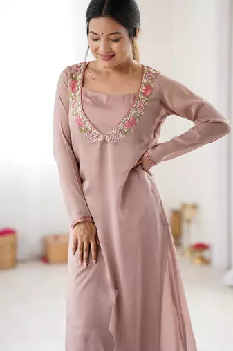 Lavender color chinon silk fabric ethnic partywear suit for girls