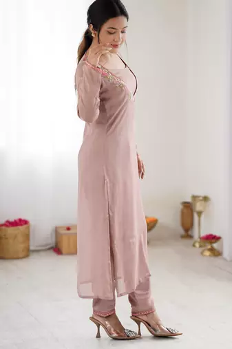 Lavender color chinon silk fabric ethnic partywear suit for girls