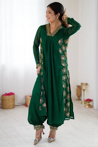 Pink color chinon silk fabric ethnic partywear suit for girls