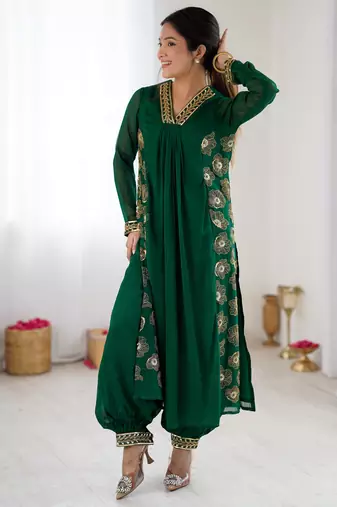 Pink color chinon silk fabric ethnic partywear suit for girls