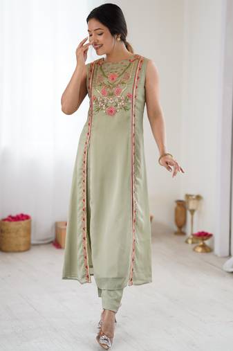 Sea green color chinon silk fabric ethnic partywear suit for girls