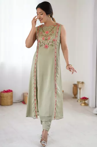 Sea green color chinon silk fabric ethnic partywear suit for girls