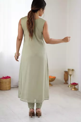 Sea green color chinon silk fabric ethnic partywear suit for girls