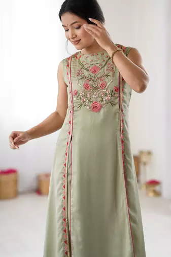 Sea green color chinon silk fabric ethnic partywear suit for girls