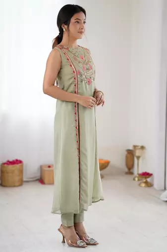 Sea green color chinon silk fabric ethnic partywear suit for girls