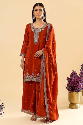 Yellow color chinon silk fabric ethnic partywear suit for girls