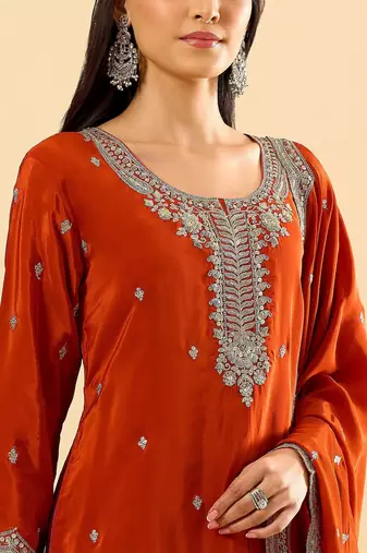 Yellow color chinon silk fabric ethnic partywear suit for girls