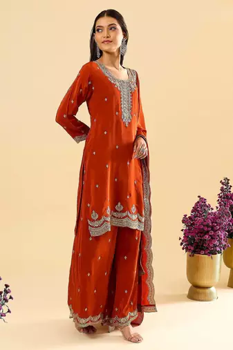 Yellow color chinon silk fabric ethnic partywear suit for girls