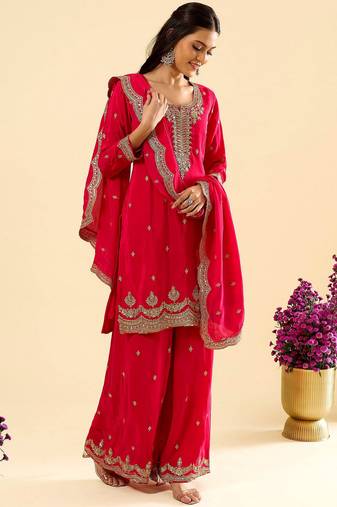 Lavender color silk fabric designer embroidered ethnic partywear suit for girls