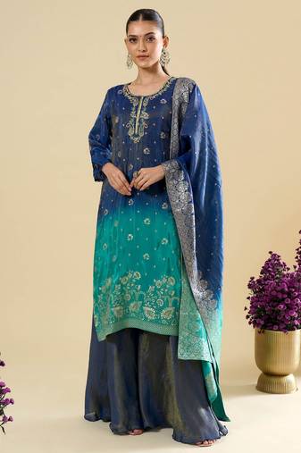 Green color silk fabric designer embroidered ethnic partywear suit for girls