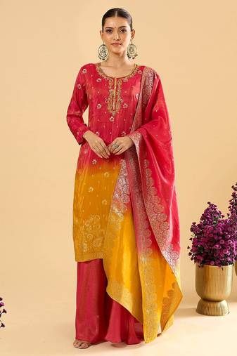 Pink color silk fabric designer embroidered ethnic partywear suit for girls