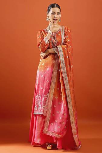 Brown color silk fabric designer embroidered ethnic partywear suit for girls