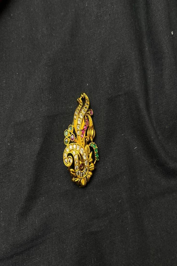 Gold Plated Peacock Brooch, CZ Emerald Ruby Stones, Traditional Indian Saree Pin