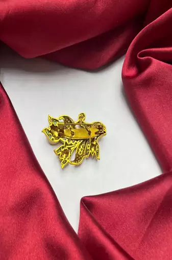 Gold Tone Floral Saree Pin Brooch with Emerald, Ruby, CZ Accents – Indian Bridal Jewelry