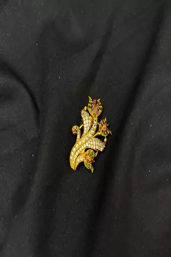 Gold Tone Floral Saree Pin Brooch with Emerald, Ruby, CZ Accents – Indian Bridal Jewelry