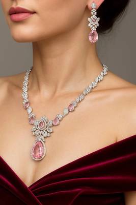 Pink Crystal Teardrop Necklace and Earrings | Silver Bridal Jewelry Set 1