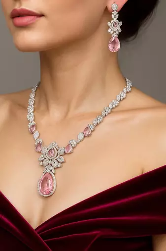 Pink Crystal Teardrop Necklace and Earrings | Silver Bridal Jewelry Set