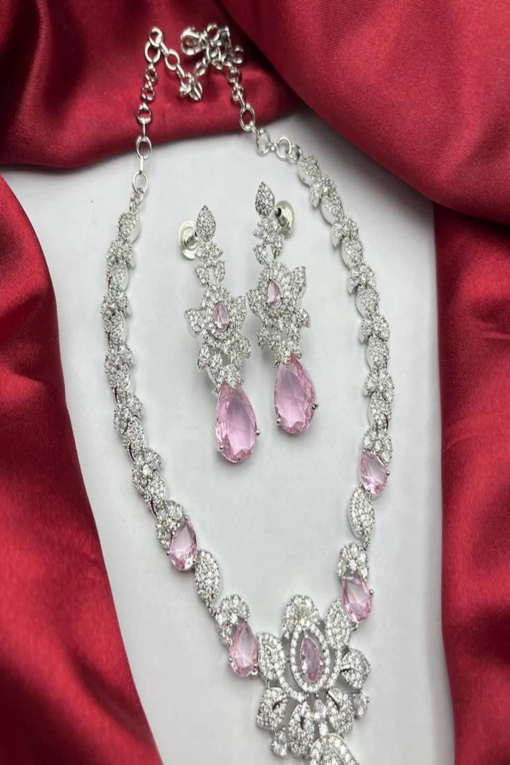 Pink Crystal Teardrop Necklace and Earrings | Silver Bridal Jewelry Set