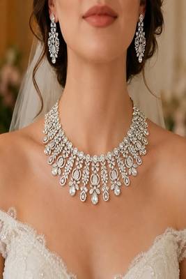 Cubic Zirconia Statement Necklace Earring Set, Diamond-Look Bridal Choker, Pageant Jewelry 1